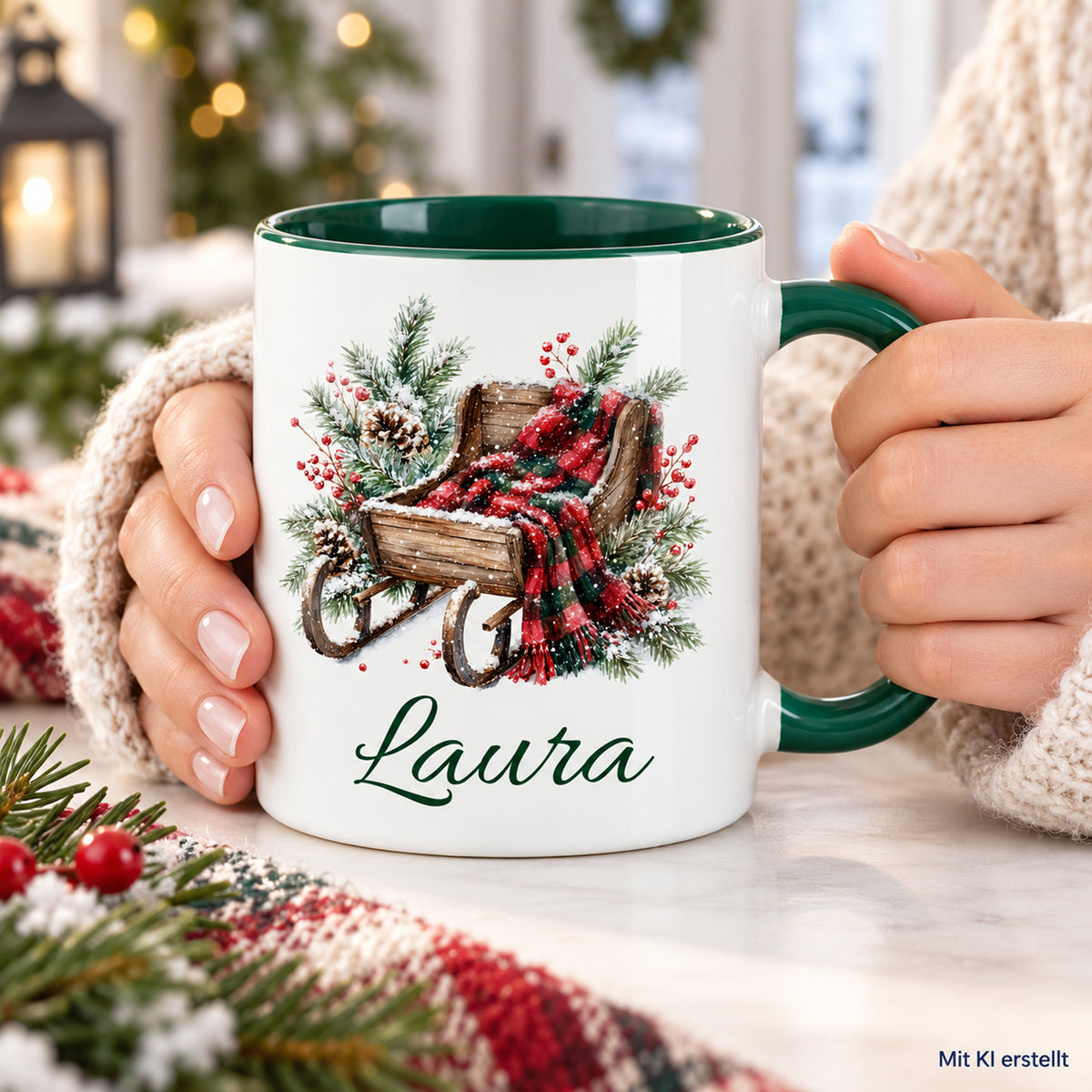 In Händen gehaltene Tasse mit Schlitten-Motiv und Wunschname, als KI-Bild gekennzeichnet.