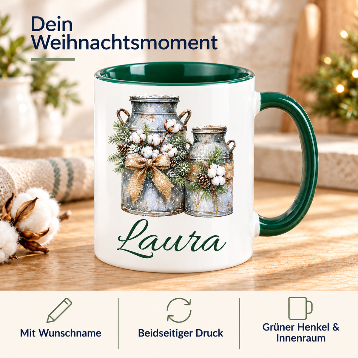 Tasse mit Milchkannen-Motiv: Wunschname, beidseitiger Druck sowie grüner Henkel und Innenraum.
