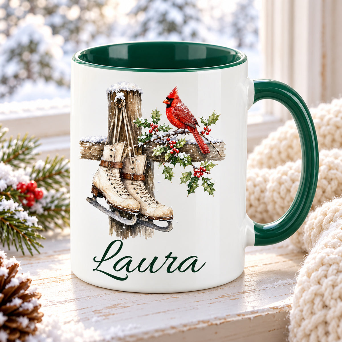 Schrägansicht der Tasse mit Schlittschuhe-Motiv und Wunschname; grüner Innenraum sichtbar.