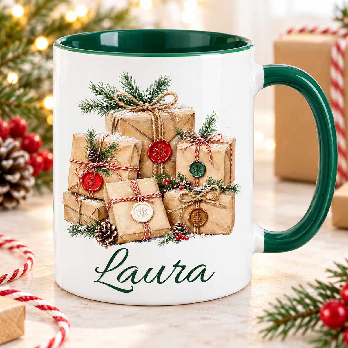 Weihnachtstasse mit Geschenke-Motiv und Wunschname, weißer Körper, grüner Henkel und Innenraum.