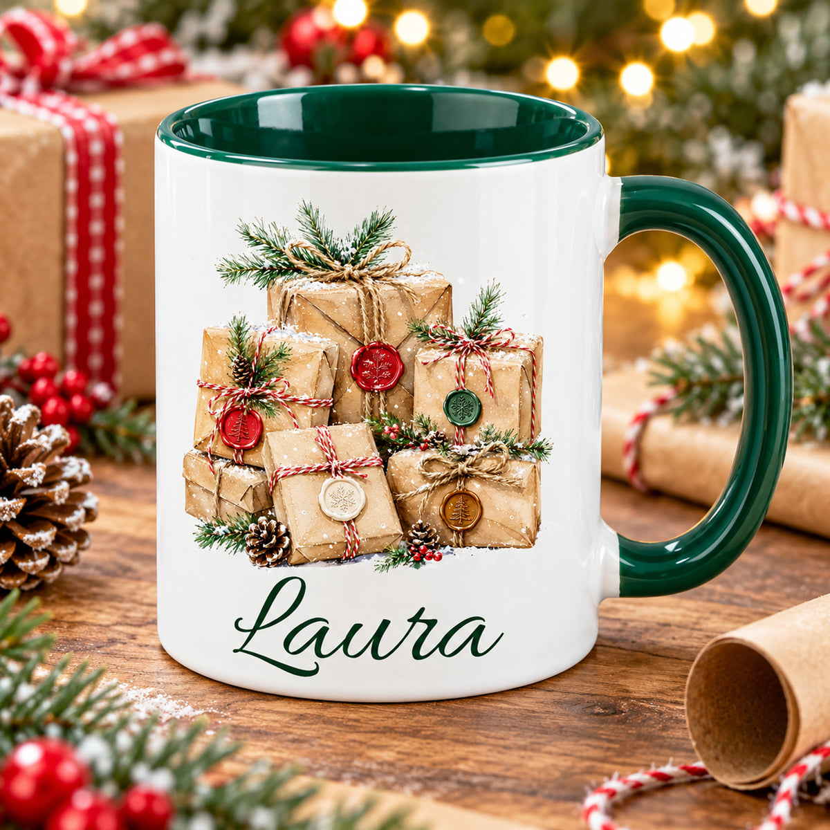 Schrägansicht der Tasse mit Geschenke-Motiv und Wunschname; grüner Innenraum sichtbar.