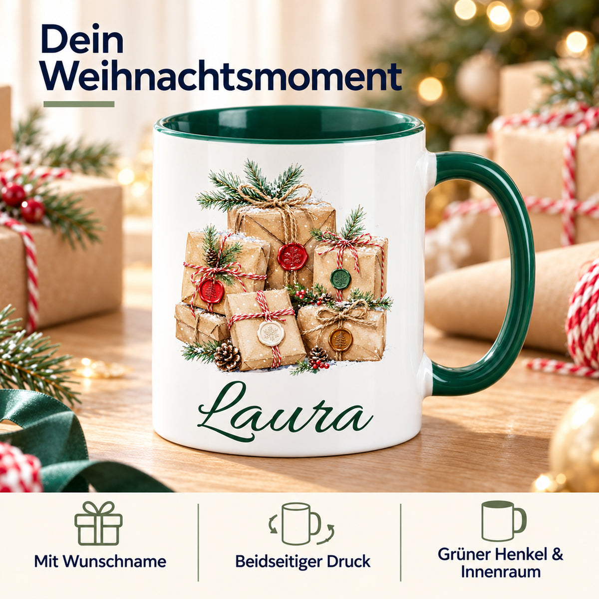 Tasse mit Geschenke-Motiv: Wunschname, beidseitiger Druck sowie grüner Henkel und Innenraum.