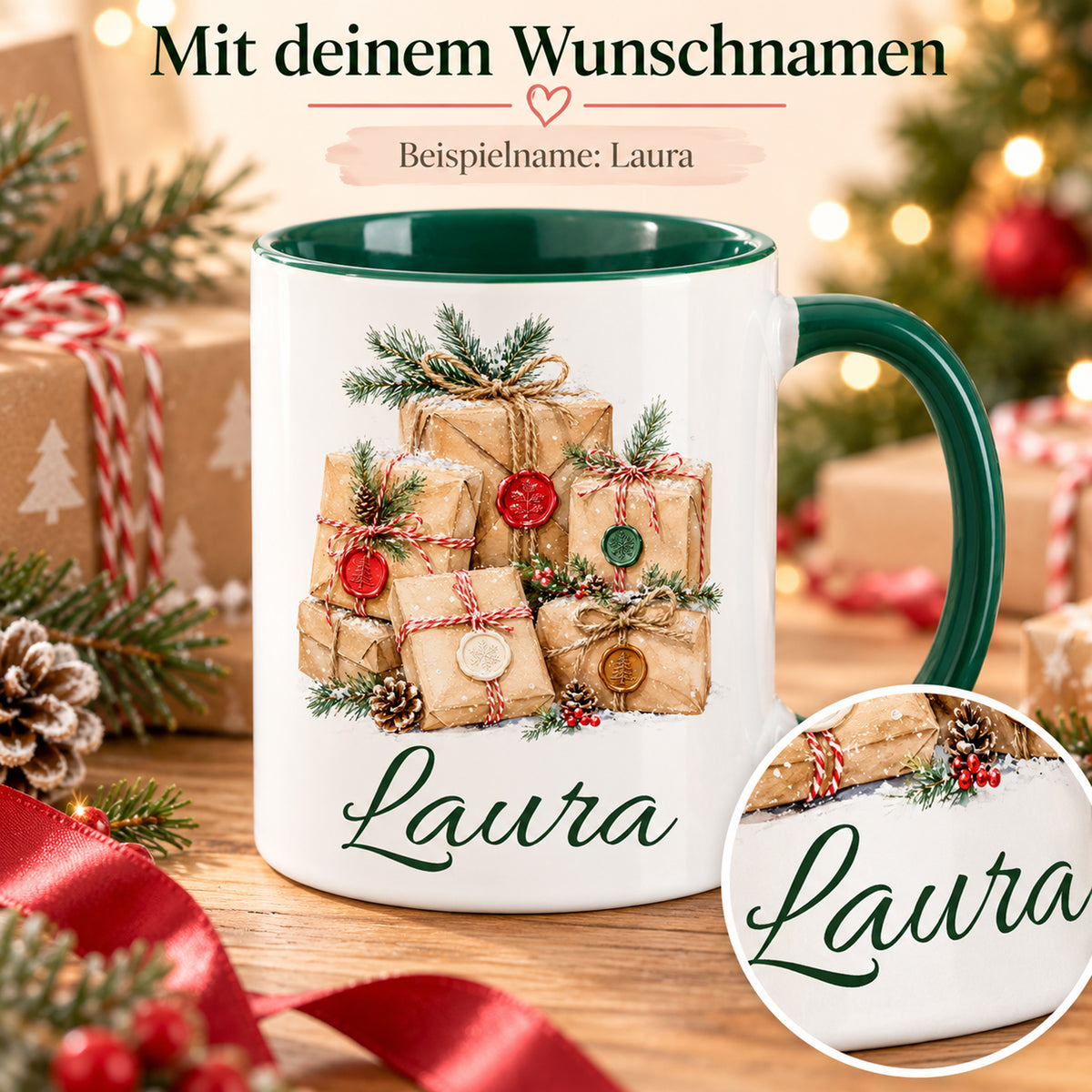 Personalisierte Tasse mit Geschenke-Motiv; vergrößertes Detail der dunkelgrünen Namensschrift.