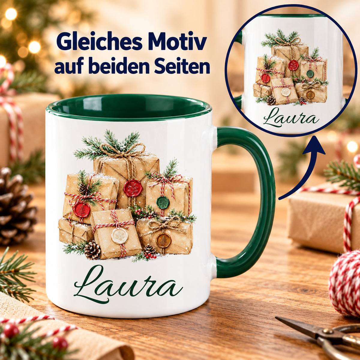 Vorder- und Rückseite der Tasse mit gleichem Geschenke-Motiv und Wunschname.