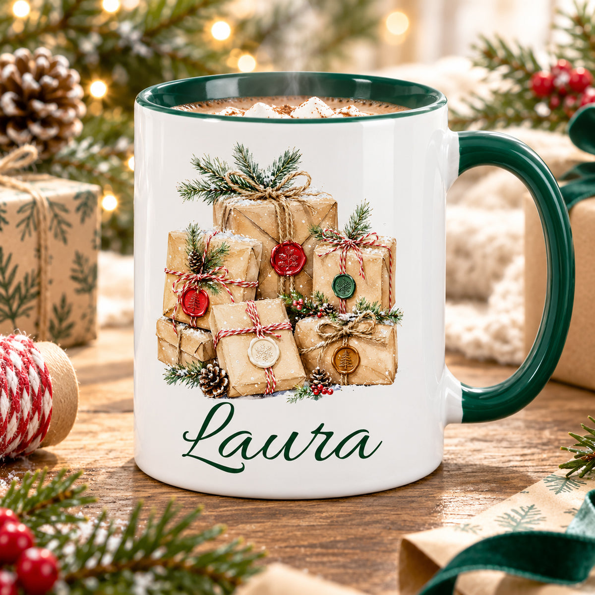 Tasse mit Geschenke-Motiv und Wunschname in einer weihnachtlichen Wohnszene.