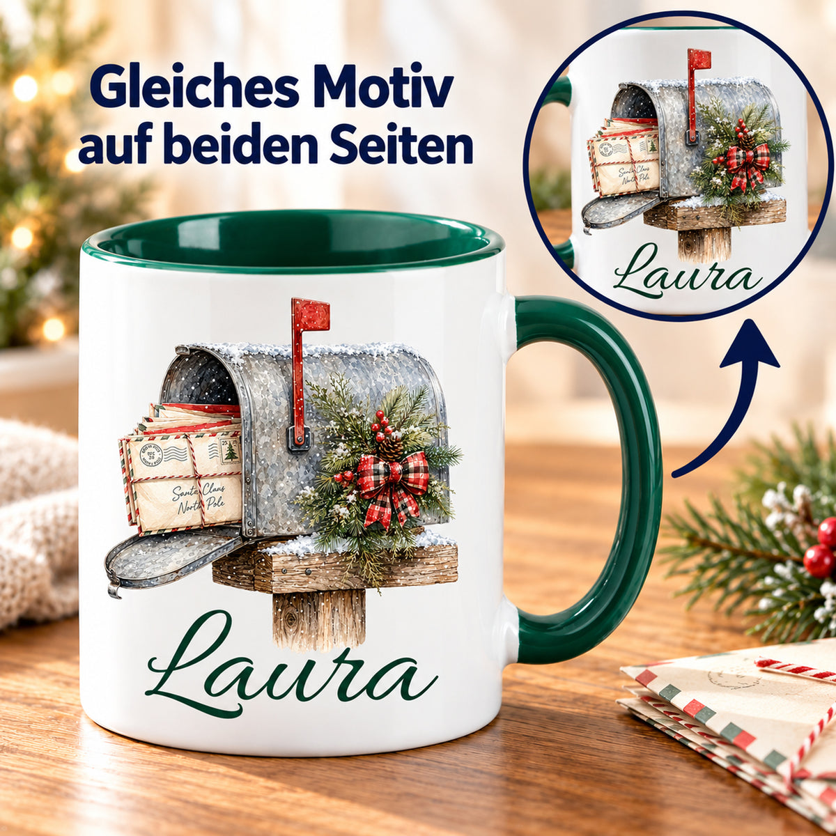 Vorder- und Rückseite der Tasse mit gleichem Weihnachtspost-Motiv und Wunschname.