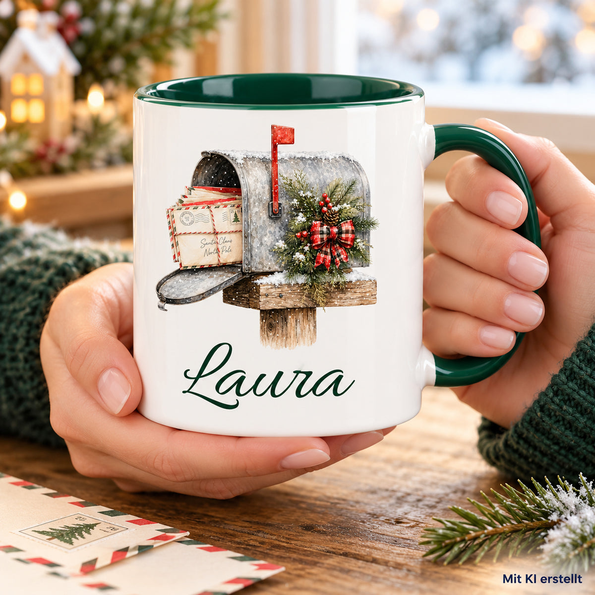 In Händen gehaltene Tasse mit Weihnachtspost-Motiv und Wunschname, als KI-Bild gekennzeichnet.