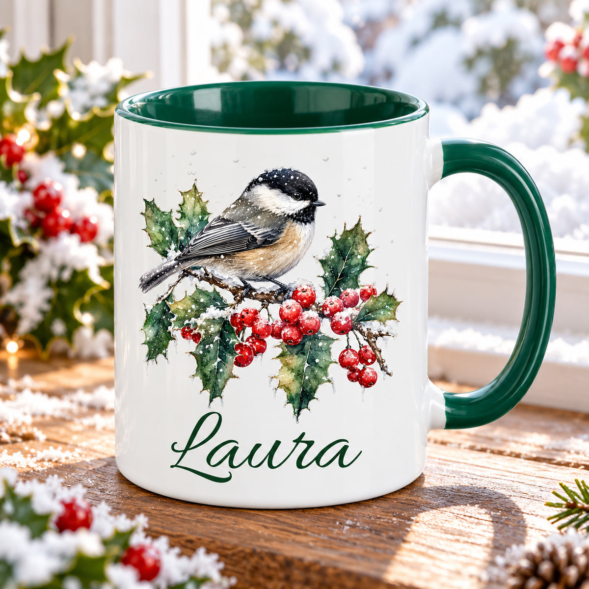 Schrägansicht der Tasse mit Wintervogel-Motiv und Wunschname; grüner Innenraum sichtbar.