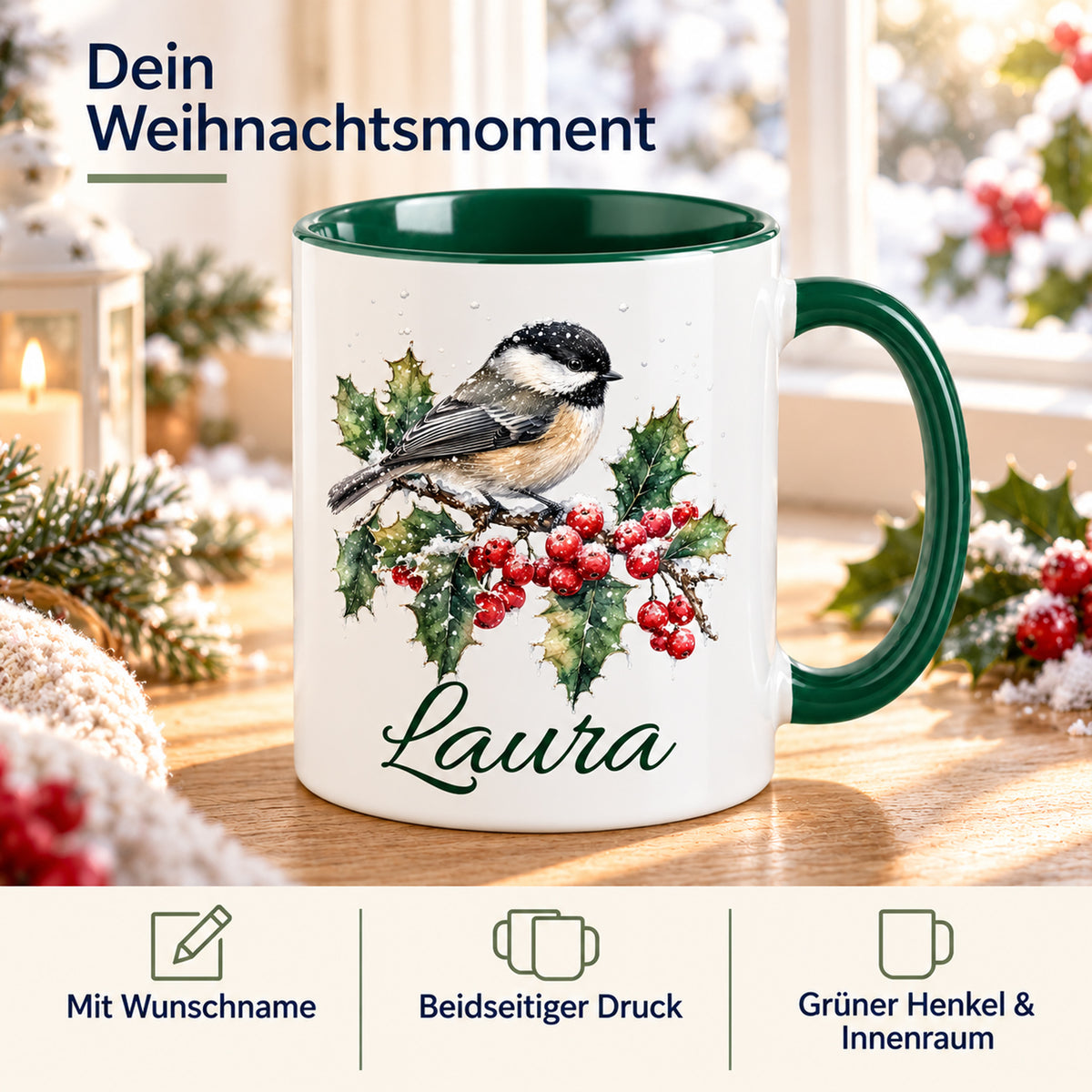 Tasse mit Wintervogel-Motiv: Wunschname, beidseitiger Druck sowie grüner Henkel und Innenraum.