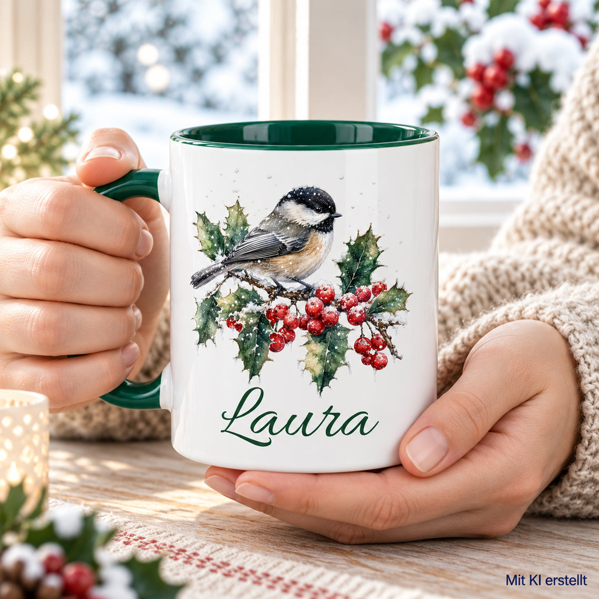 In Händen gehaltene Tasse mit Wintervogel-Motiv und Wunschname, als KI-Bild gekennzeichnet.