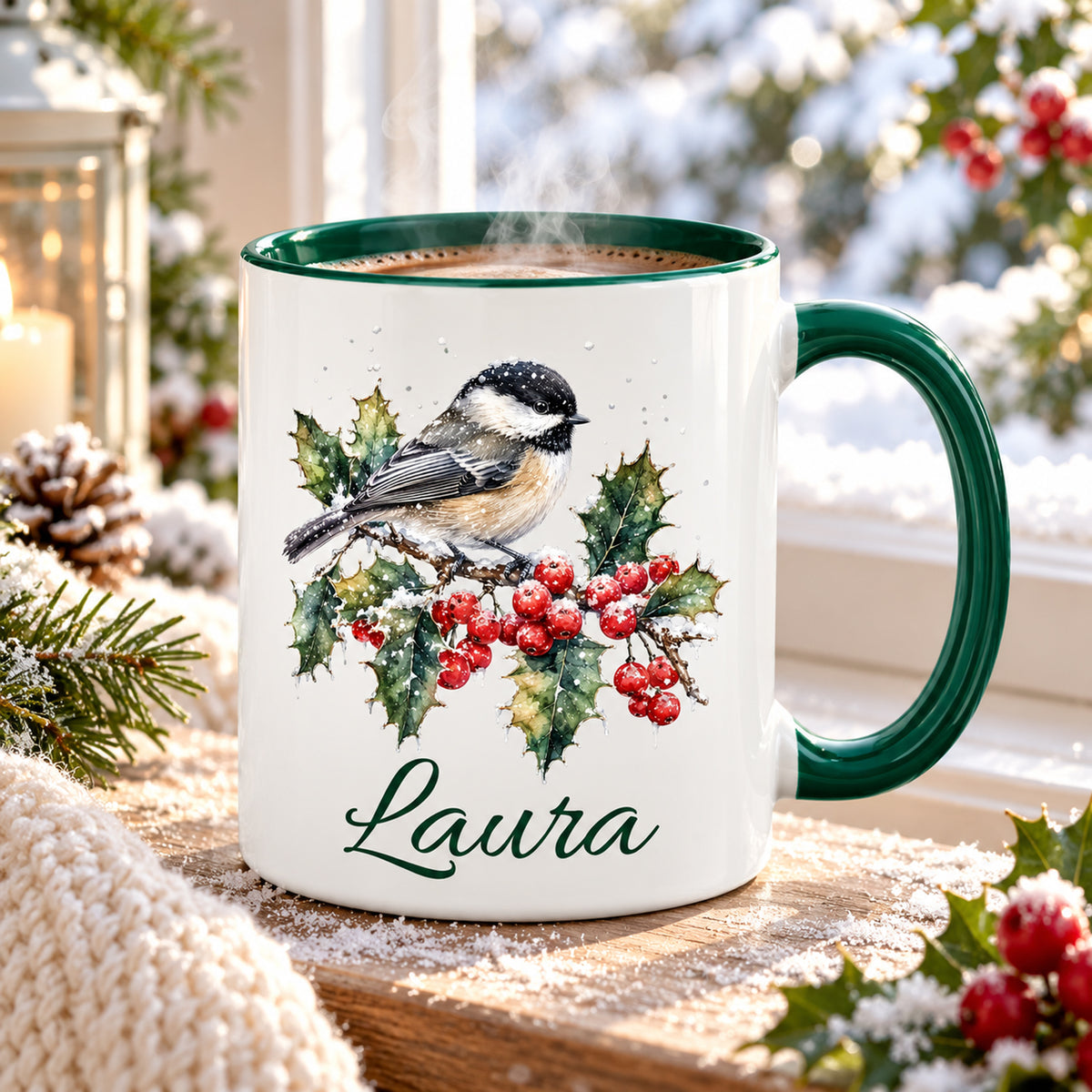 Tasse mit Wintervogel-Motiv und Wunschname in einer weihnachtlichen Wohnszene.