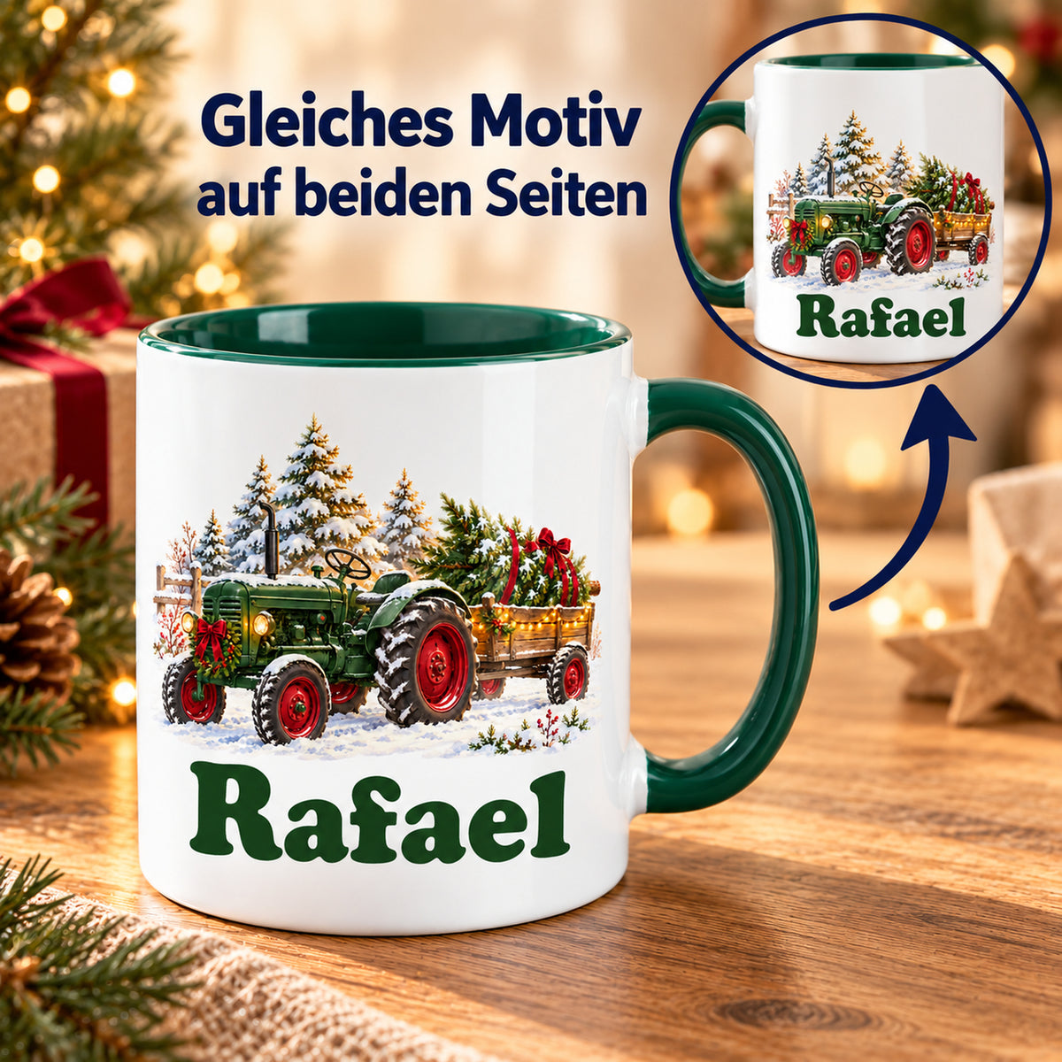 Weiße Tasse mit grünem Henkel: Trecker mit Tannenbaum; runder Ausschnitt zeigt gleichen Druck auf der Gegenseite.