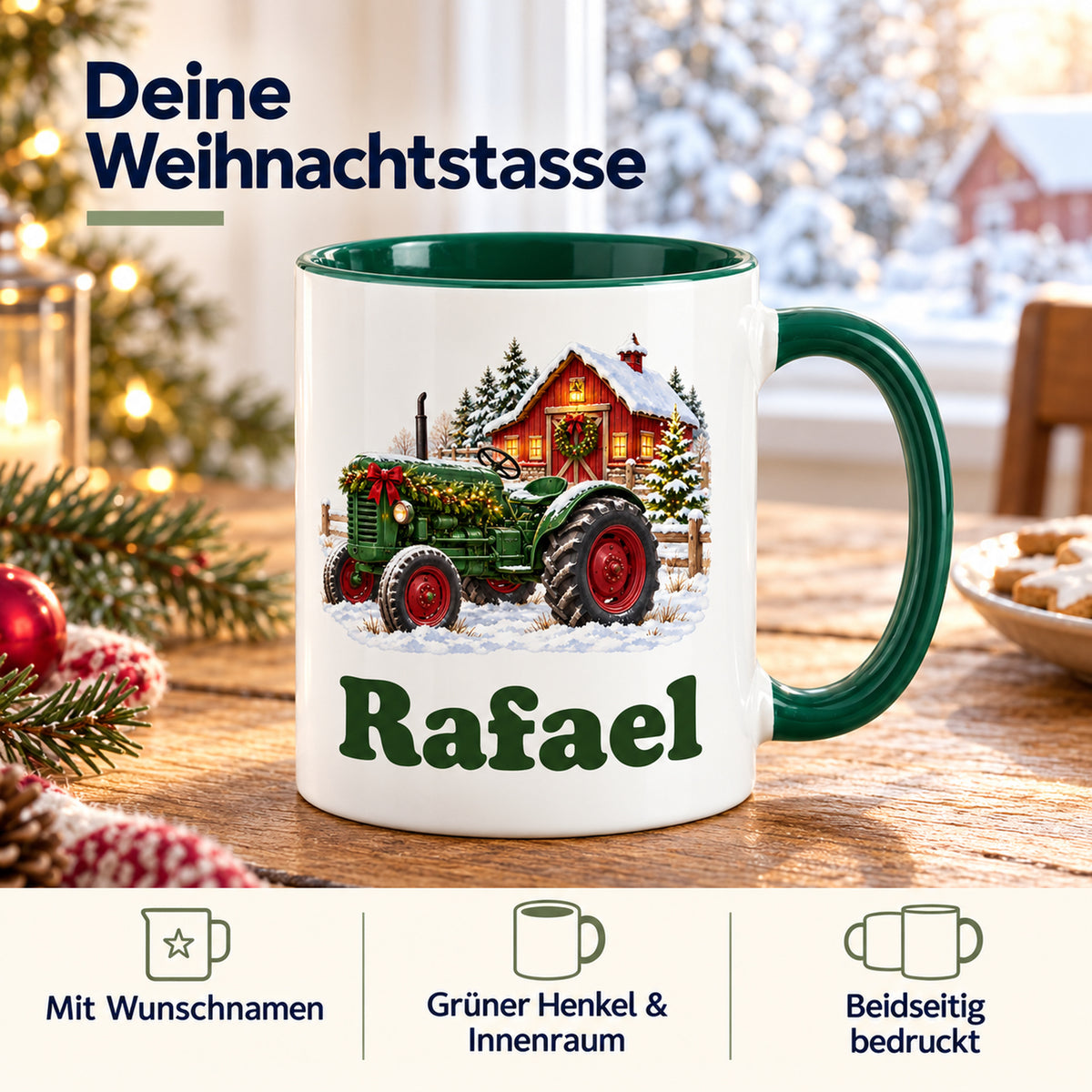 Weiße Tasse mit grünem Henkel und Innenraum; Infografik zu Wunschname, grünen Akzenten und beidseitigem Druck.