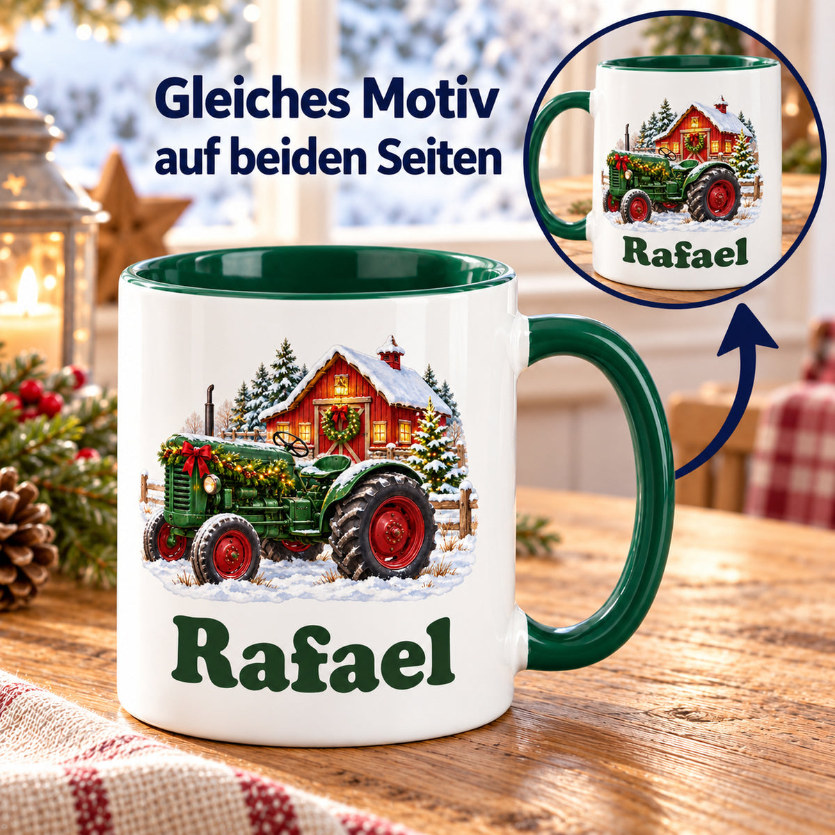 Weiße Tasse mit grünem Henkel: Trecker vor Scheune; runder Ausschnitt zeigt gleichen Druck auf der Gegenseite.