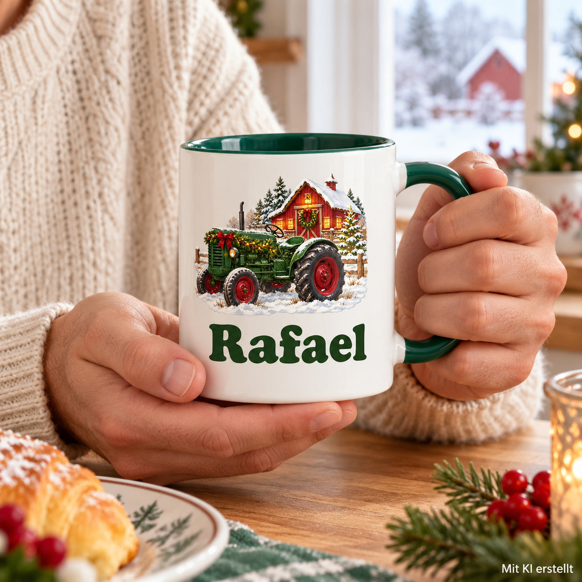 Hände im cremefarbenen Strickpullover halten eine weiße Weihnachtstasse mit grünem Henkel, Treckermotiv und Wunschname.
