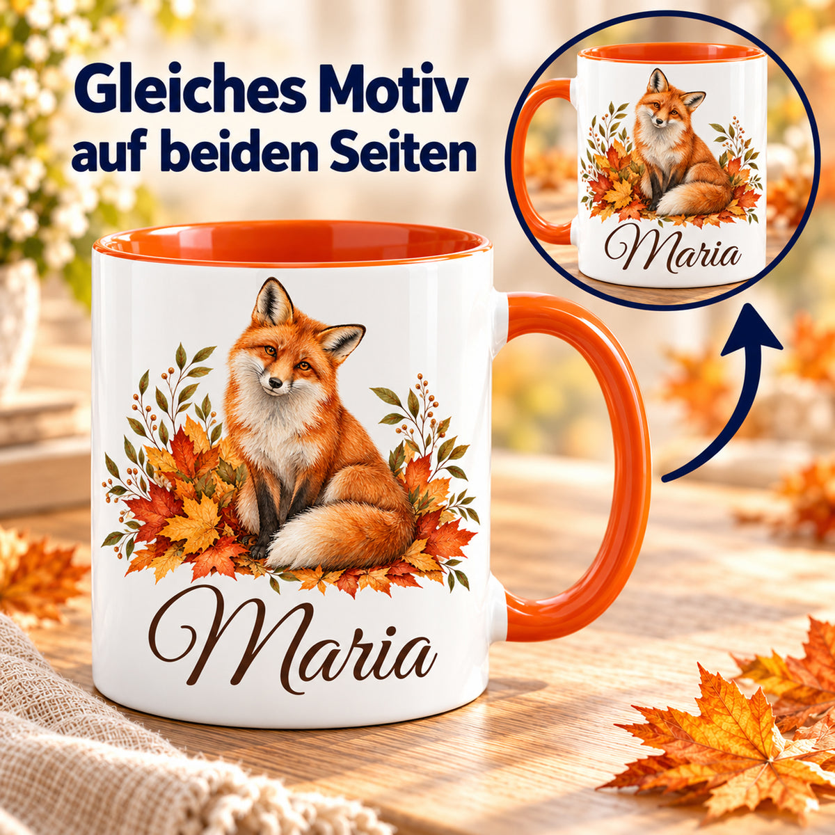 Tasse mit Fuchs und Herbstblättern; Detailkreis und Drehpfeil zeigen das gleiche Motiv auf beiden Seiten.