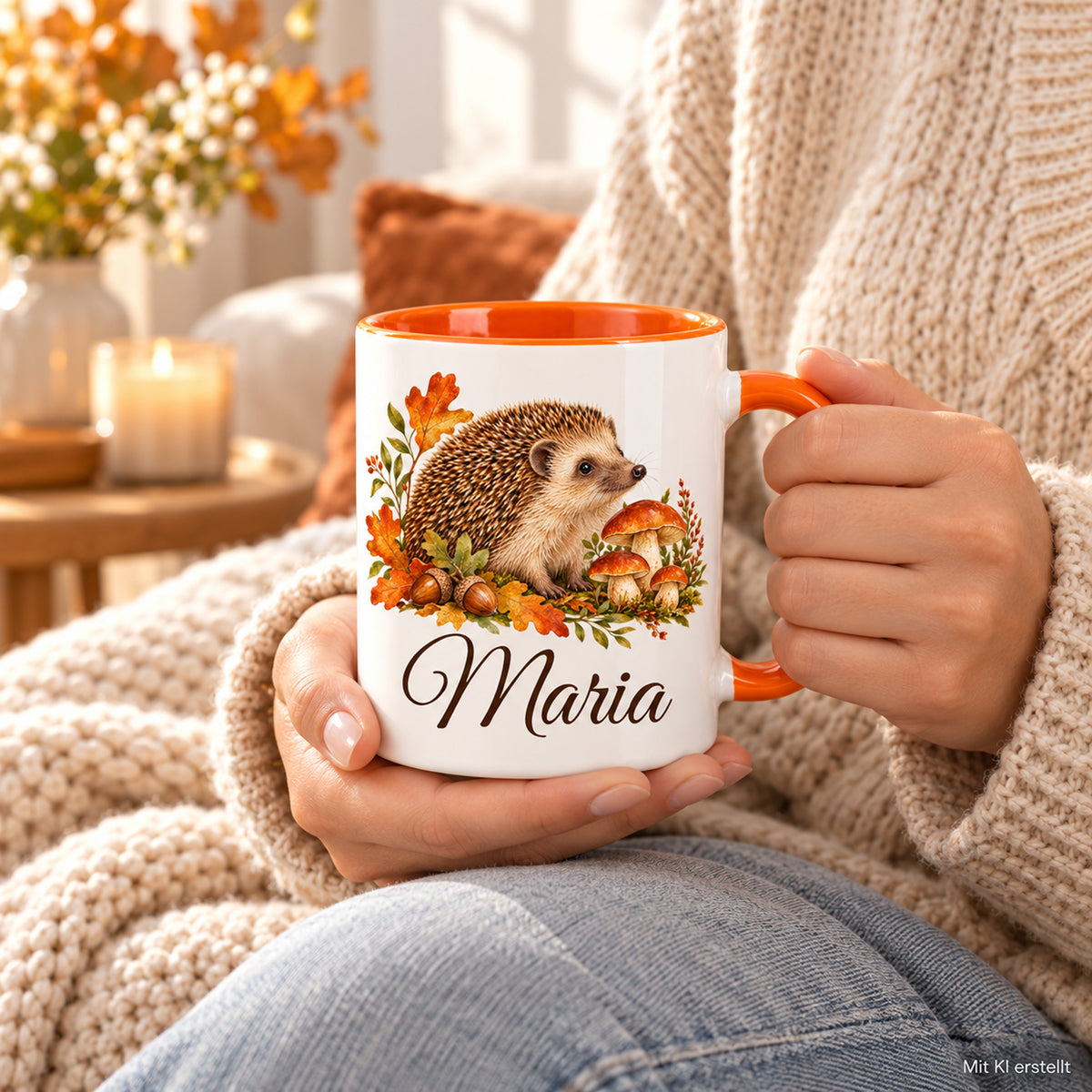 In Händen gehaltene Tasse mit Igel, Pilzen und Herbstlaub, orangefarbenem Henkel und personalisierbarem Namensdruck.