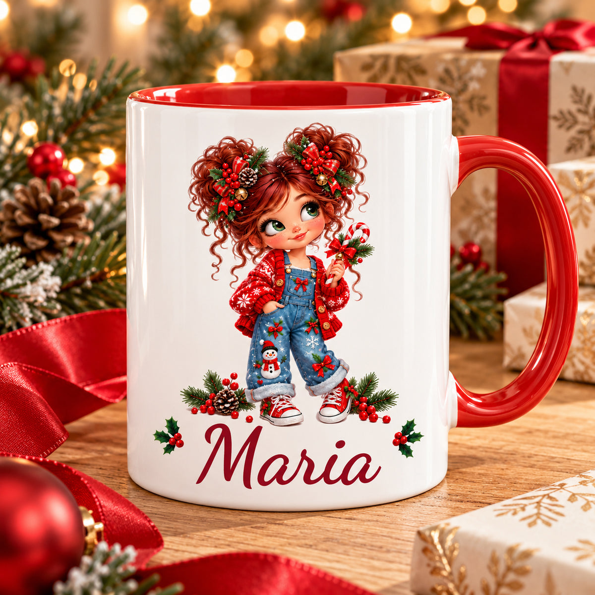 Personalisierte Weihnachtstasse Zuckerstange mit Wunschname in weihnachtlicher Geschenkszene.