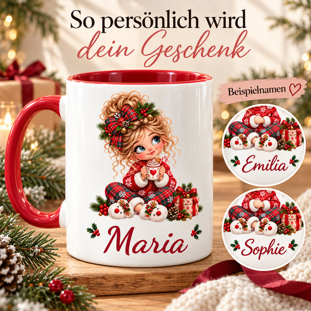 Namenspersonalisierung der Weihnachtstasse Kakao mit verschiedenen Wunschnamen als Gestaltungsbeispiele.