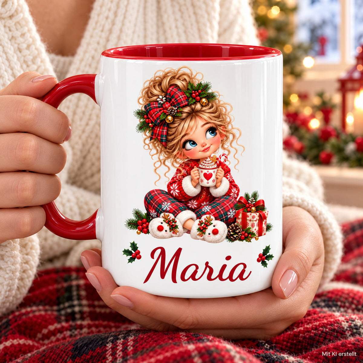 Hände halten die personalisierte Weihnachtstasse Kakao mit Wunschname in einer Weihnachtsszene.