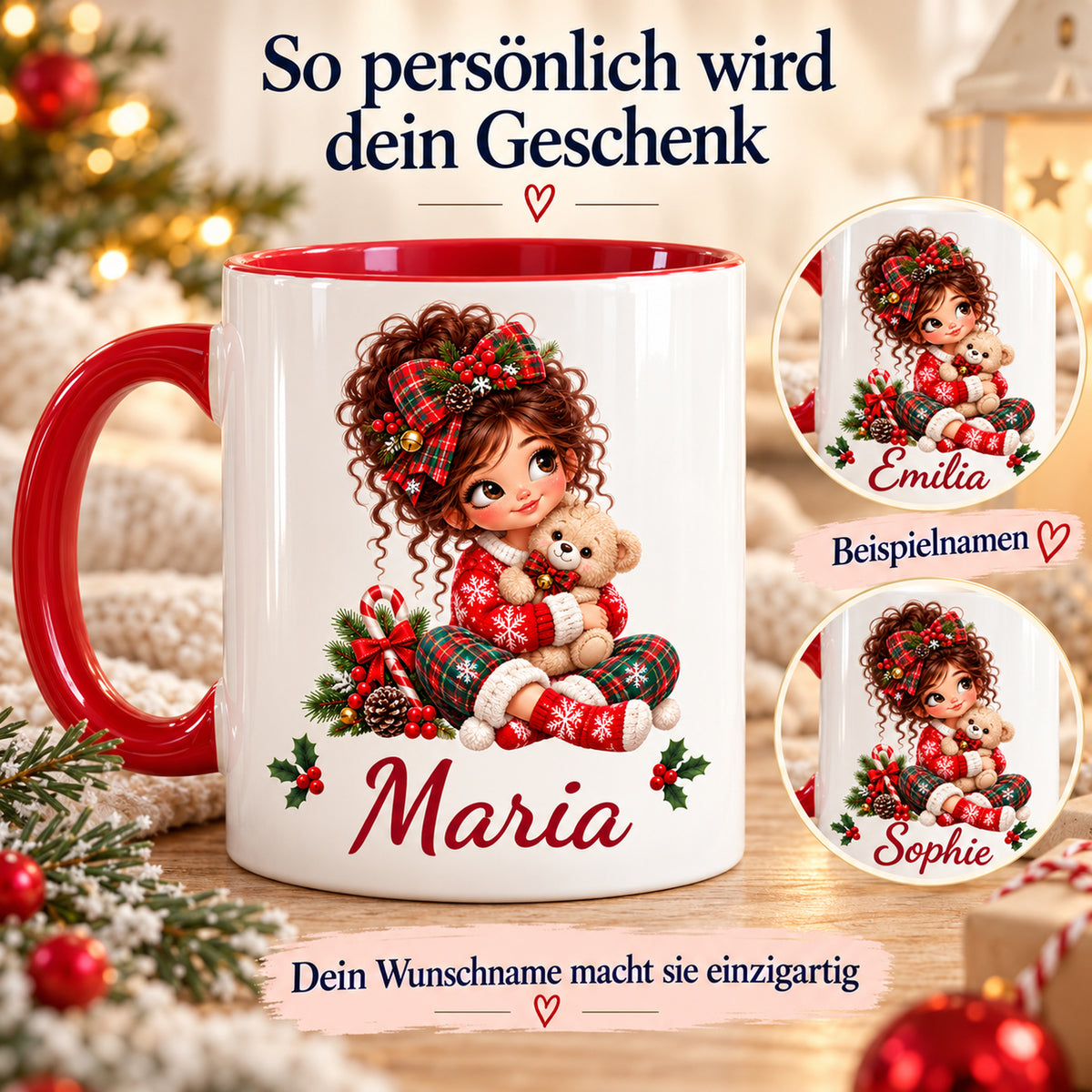 Namenspersonalisierung der Weihnachtstasse Teddy mit verschiedenen Wunschnamen als Gestaltungsbeispiele.