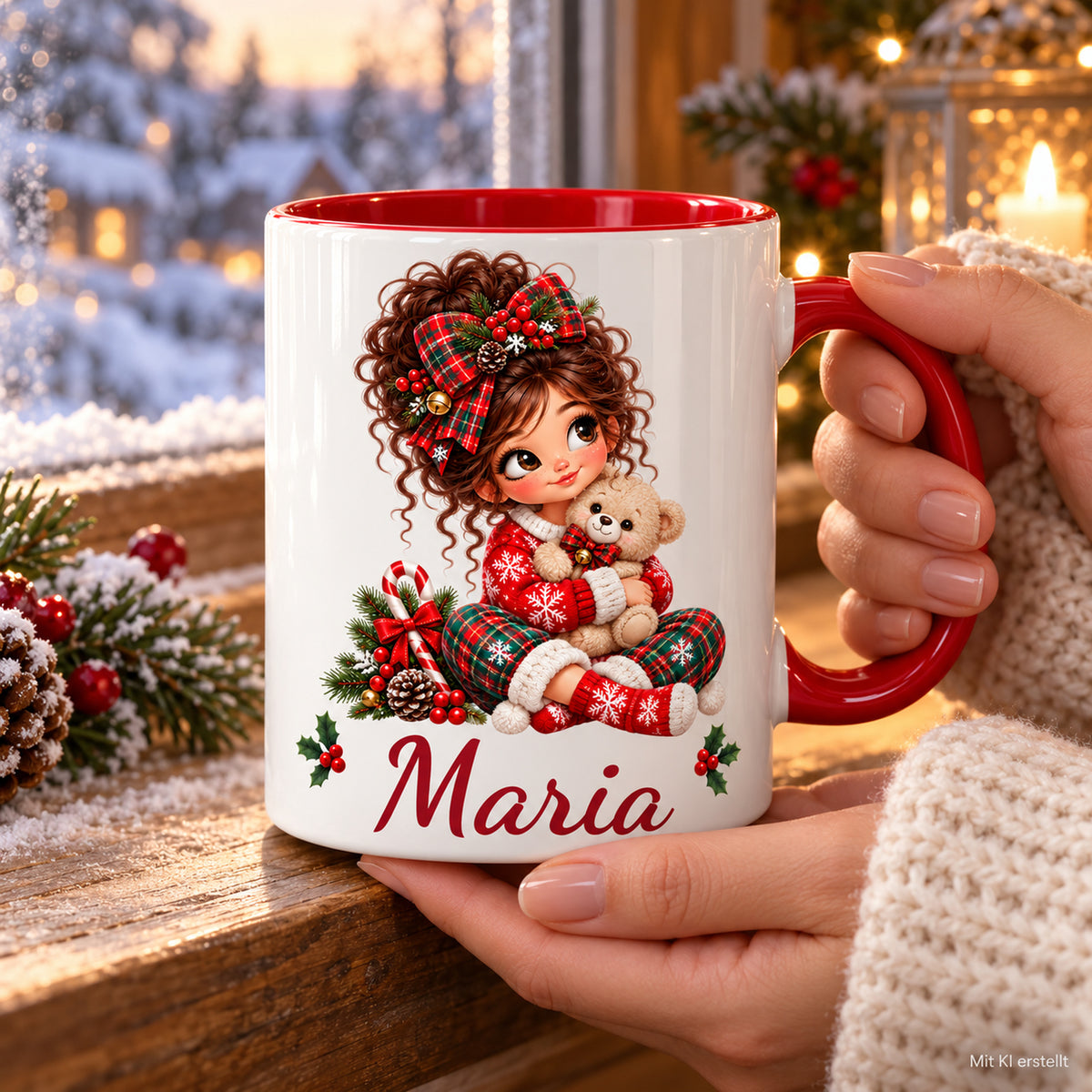 Hände halten die personalisierte Weihnachtstasse Teddy mit Wunschname in einer Weihnachtsszene.