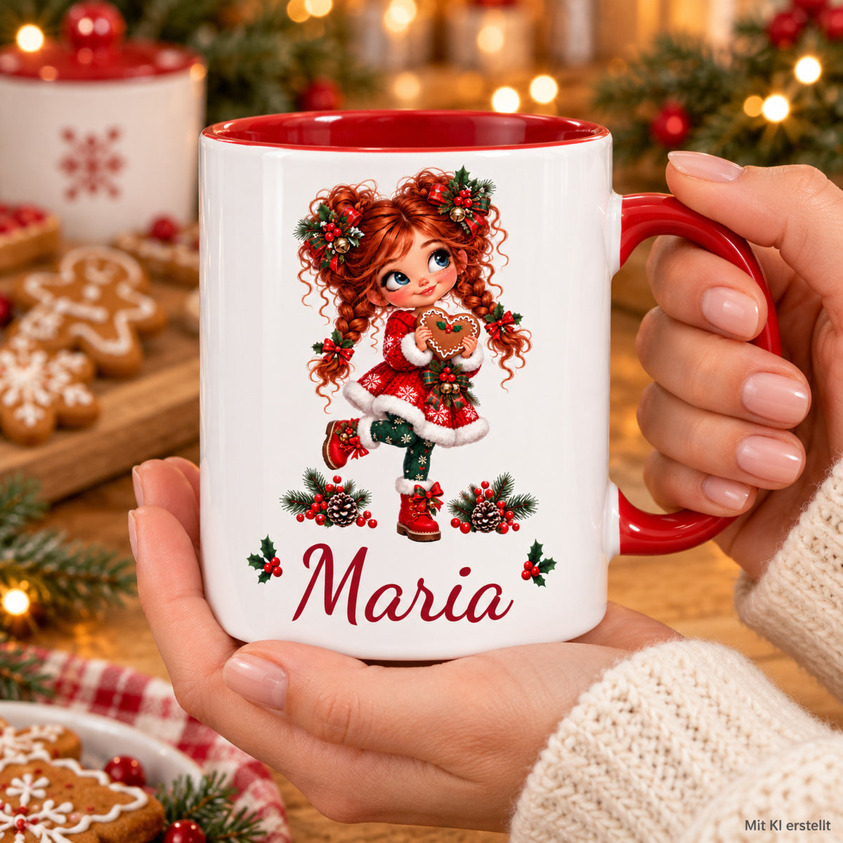 Hände halten die personalisierte Weihnachtstasse Lebkuchenherz mit Wunschname in einer Weihnachtsszene.