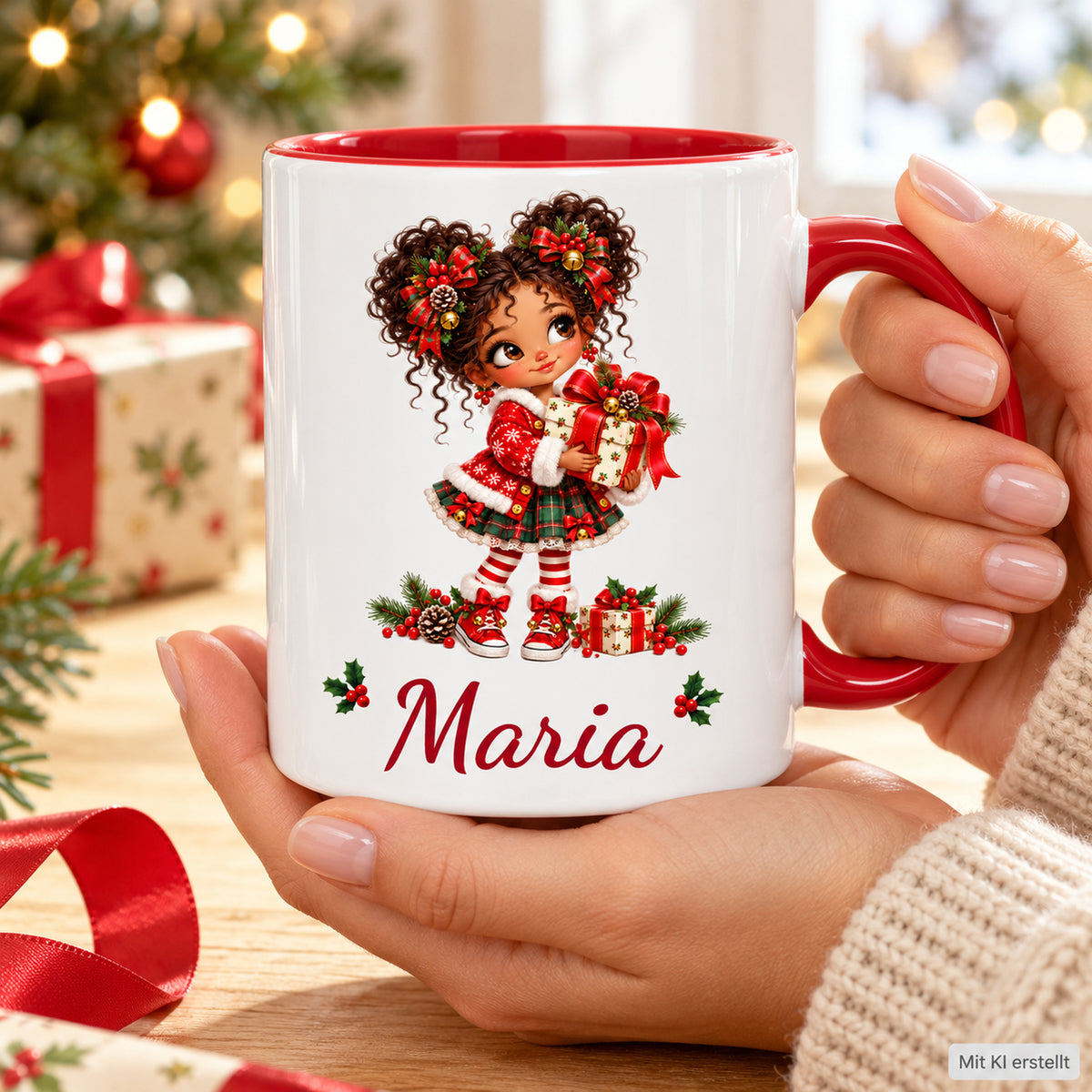 Hände halten die personalisierte Weihnachtstasse Geschenk mit Wunschname in einer Weihnachtsszene.