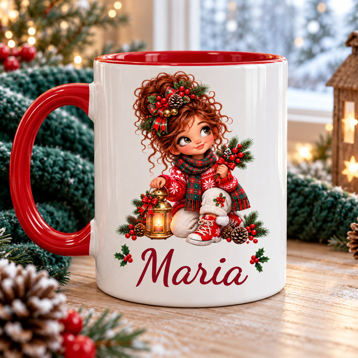 Rückseite der Weihnachtstasse Laterne mit demselben Mädchenmotiv und Wunschname, roter Henkel links.