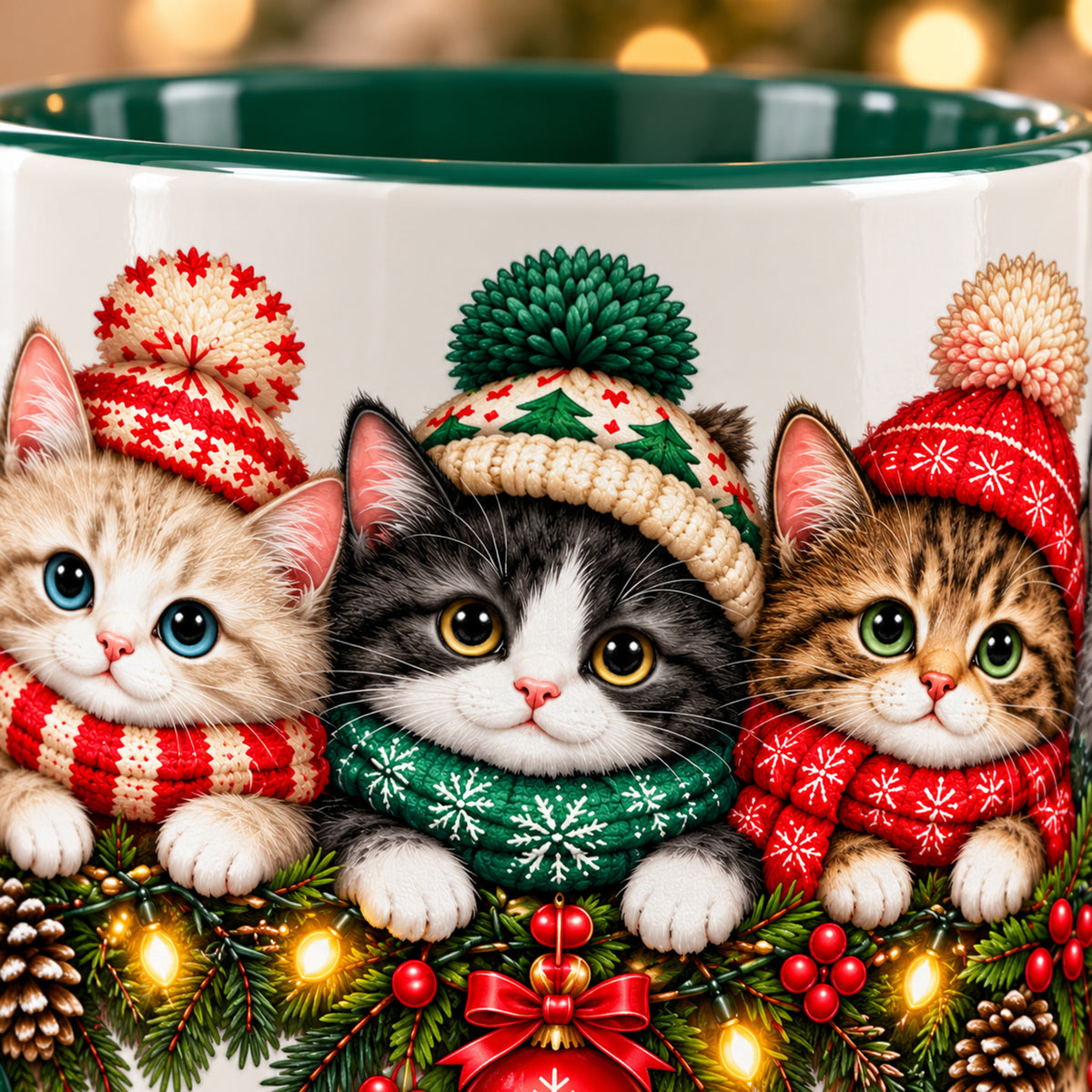 Nahaufnahme der gedruckten Weihnachtsmotive mit Katzen, Strickmützen und Tannengrün unter dem feinen grünen Tassenrand.