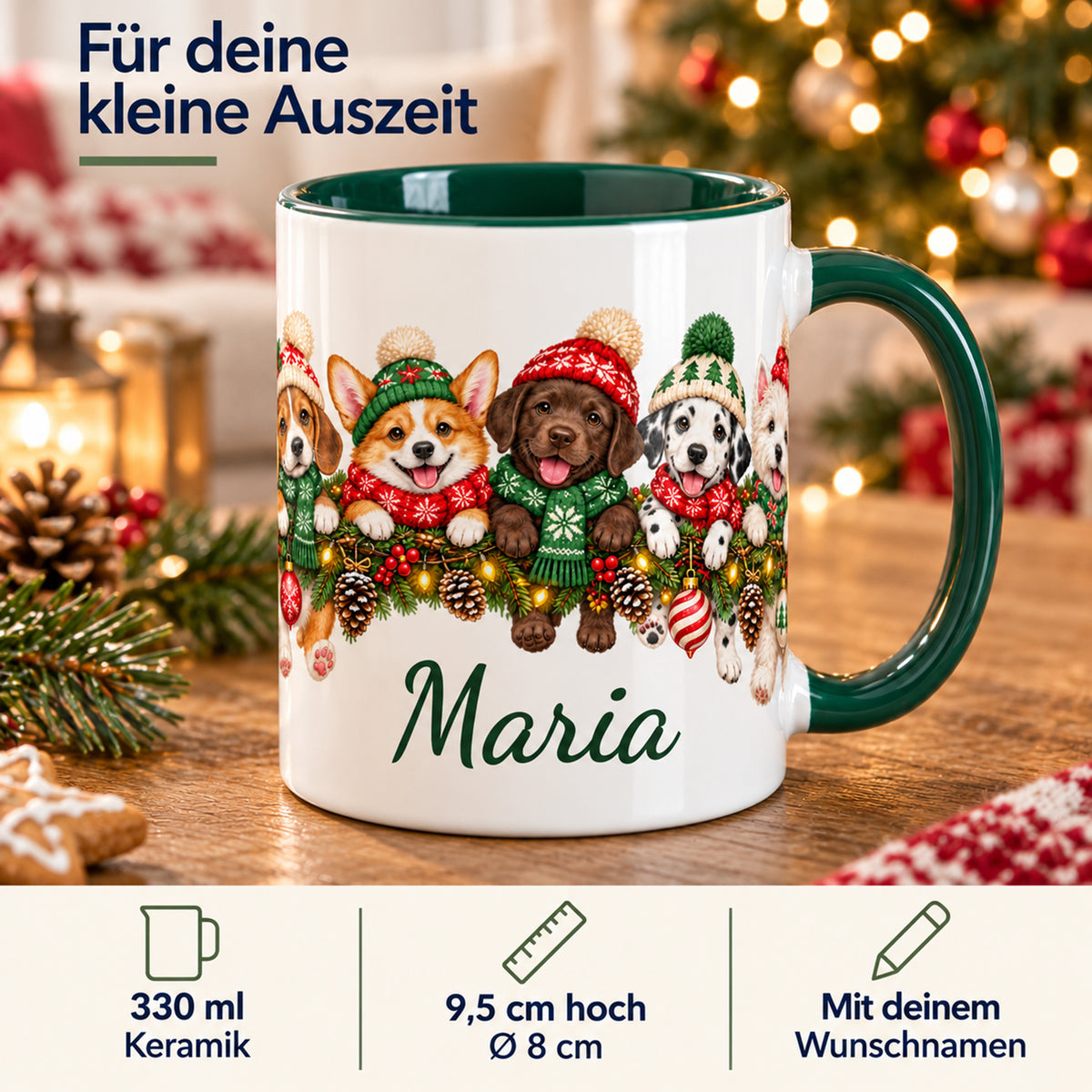 Weihnachtstasse mit Hunden und Wunschname; Infografik mit 330 ml, Keramik, 9,5 cm Höhe, 8 cm Durchmesser und Wunschname.