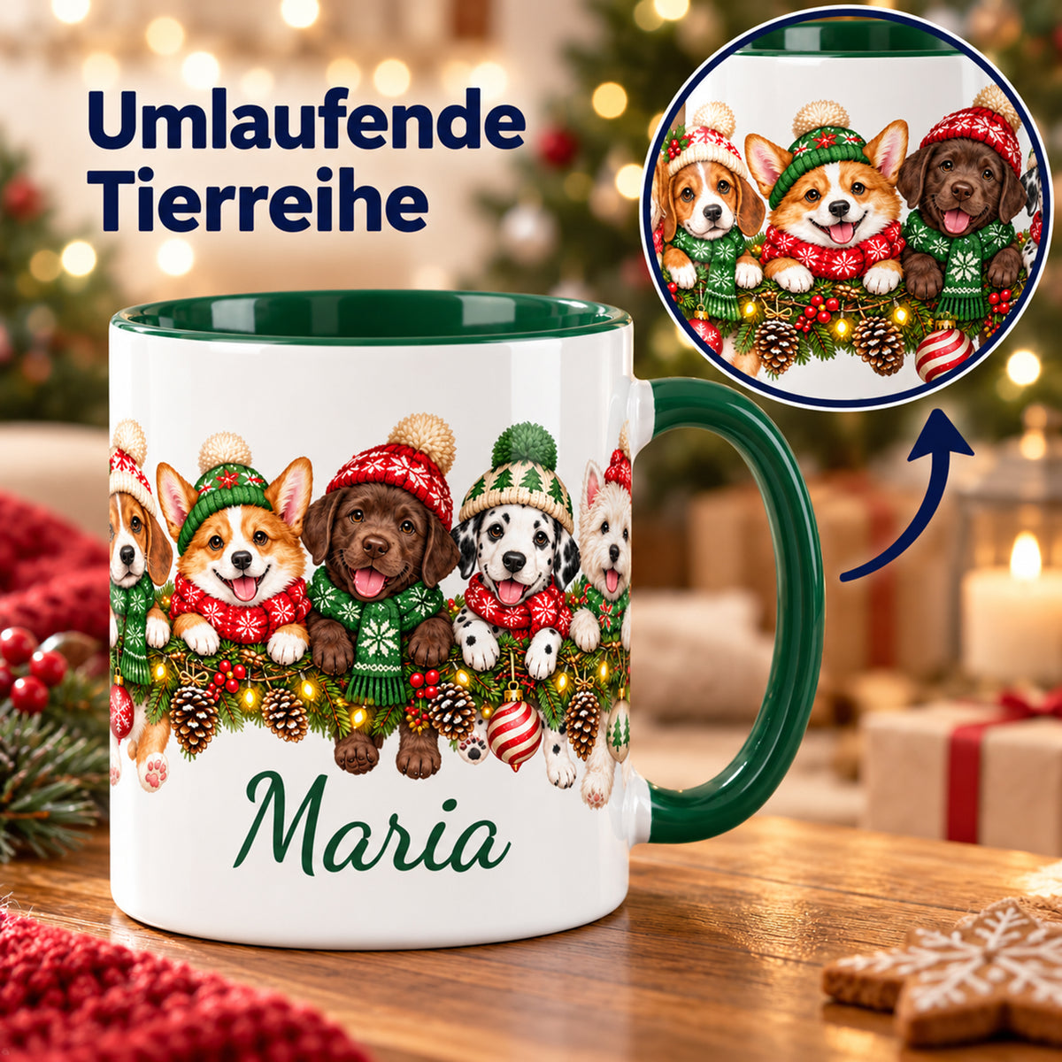 Weihnachtstasse mit Hunden, Wunschname und einem runden Detailausschnitt der umlaufenden Tierreihe; Beschriftung Umlaufende Tierreihe.