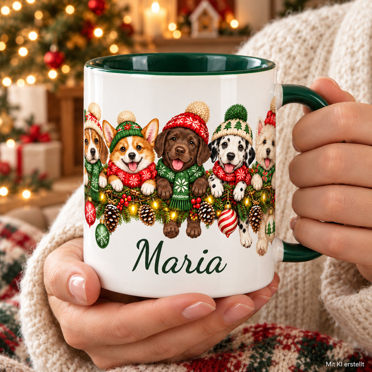 Zwei Hände halten die grün-weiße Weihnachtstasse mit Hunden und Wunschname vor einem Strickpullover; Kennzeichnung Mit KI erstellt.