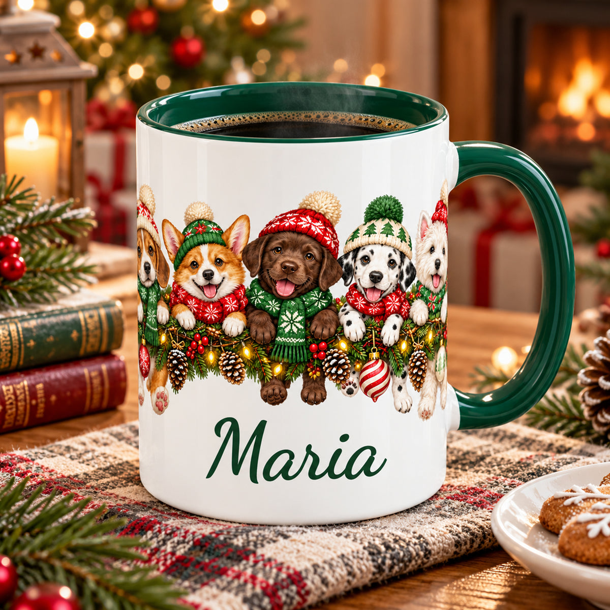 Mit Kaffee gefüllte Weihnachtstasse mit Hunden, grünem Inneren und Wunschname auf einem weihnachtlich dekorierten Holztisch.