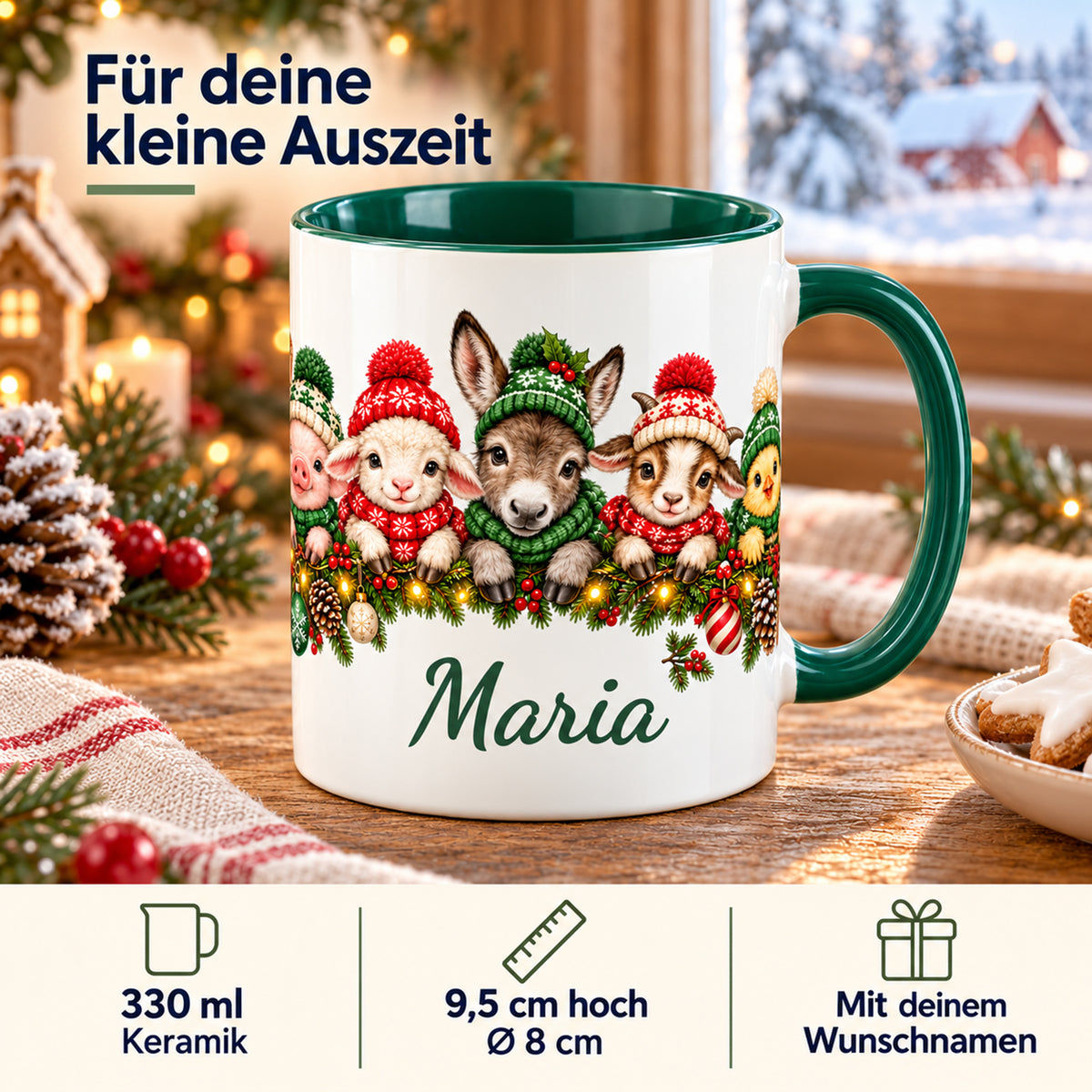 Weihnachtstasse mit Bauernhoftieren und Wunschname; Infografik mit 330 ml, Keramik, 9,5 cm Höhe, 8 cm Durchmesser und Wunschname.