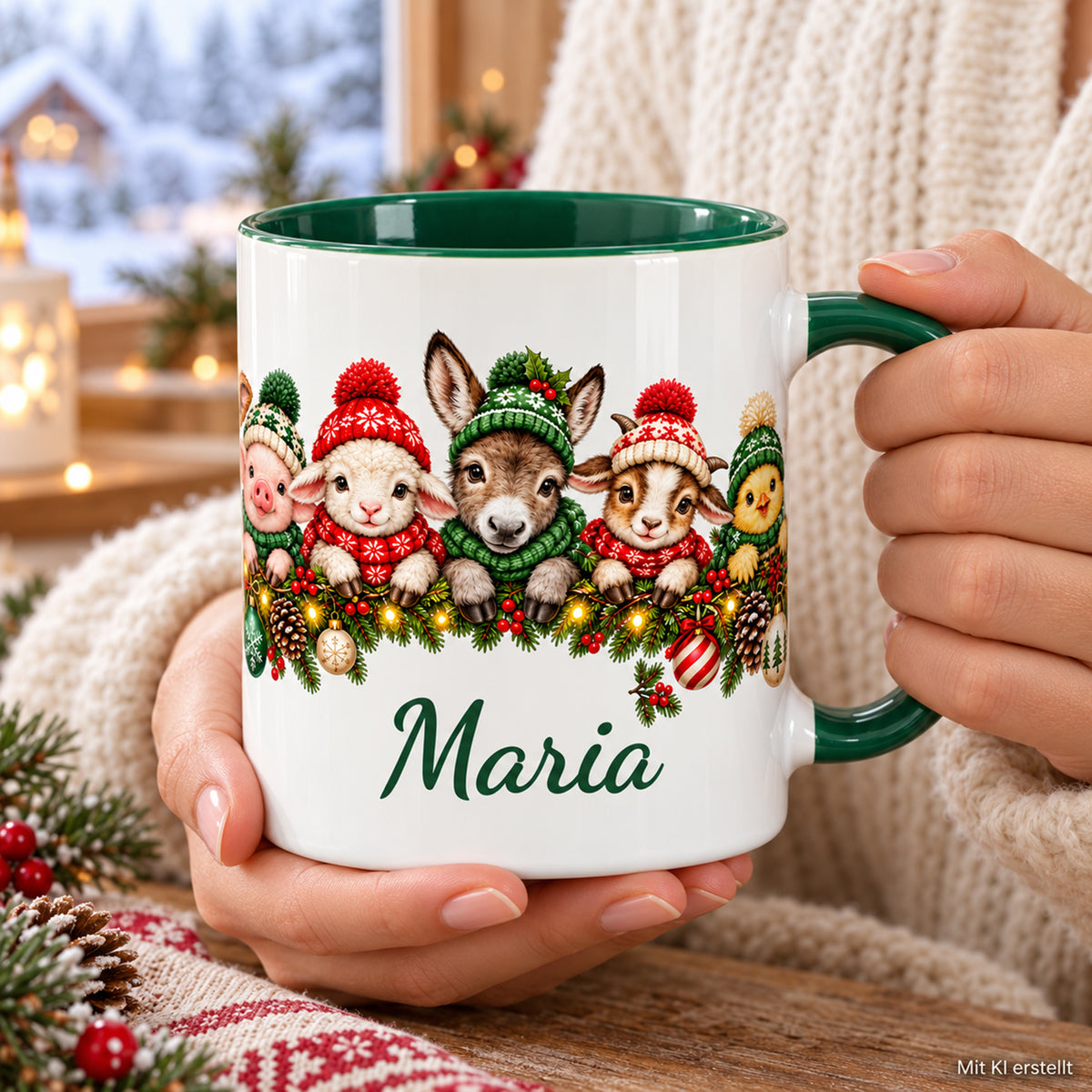 Zwei Hände halten die grün-weiße Weihnachtstasse mit Bauernhoftieren und Wunschname vor einem Strickpullover; Kennzeichnung Mit KI erstellt.