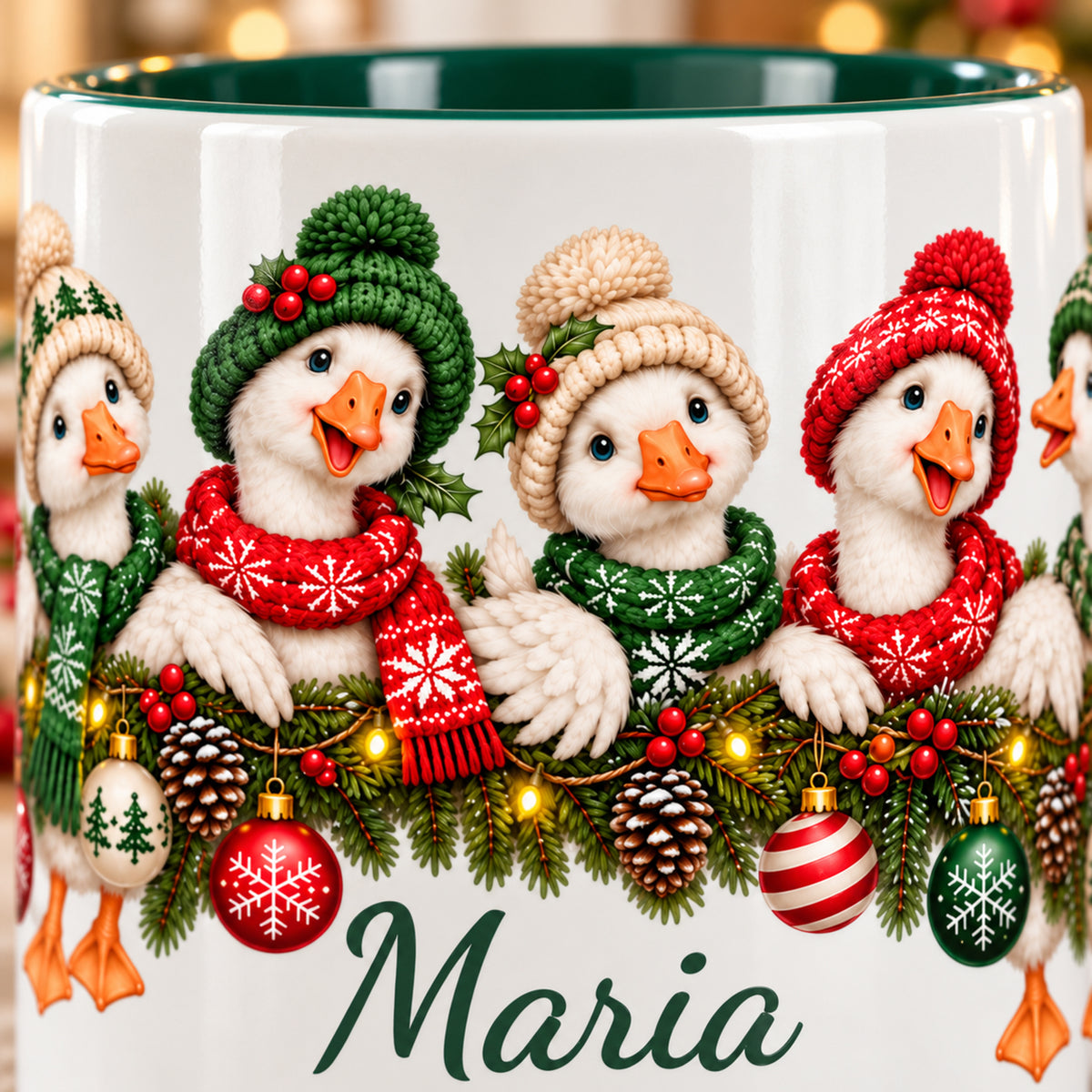Detailaufnahme der weihnachtlichen Gänse mit roten und grünen Schals, Girlande und einem Wunschnamen auf weißer Keramik mit feinem grünen Tassenrand.
