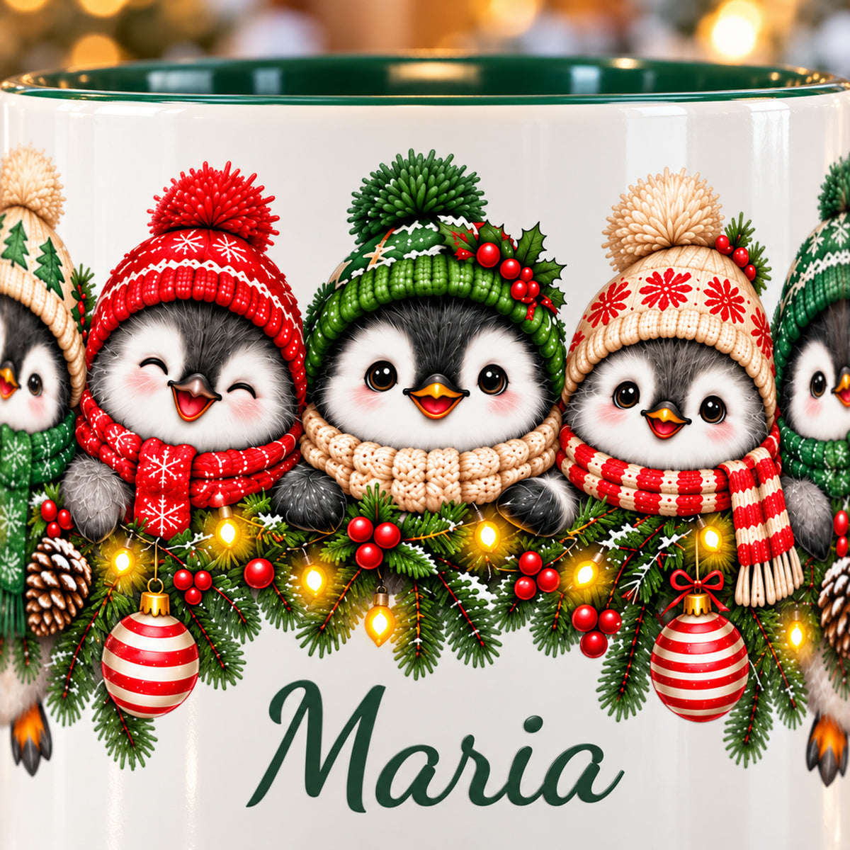 Enge Nahaufnahme des Pinguinmotivs mit gestrickten Weihnachtsmützen, Girlande und grünem Wunschnamen auf der Keramikfläche unter einem feinen grünen Rand.