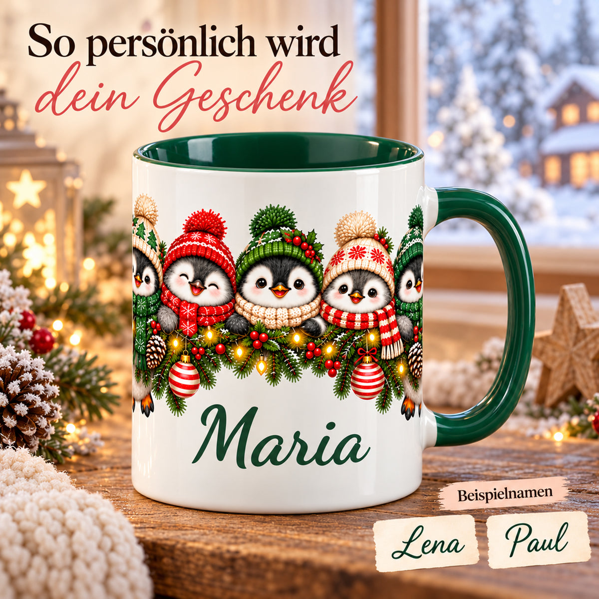 Pinguin-Tasse mit Wunschname und Schriftbeispielen für die Personalisierung.