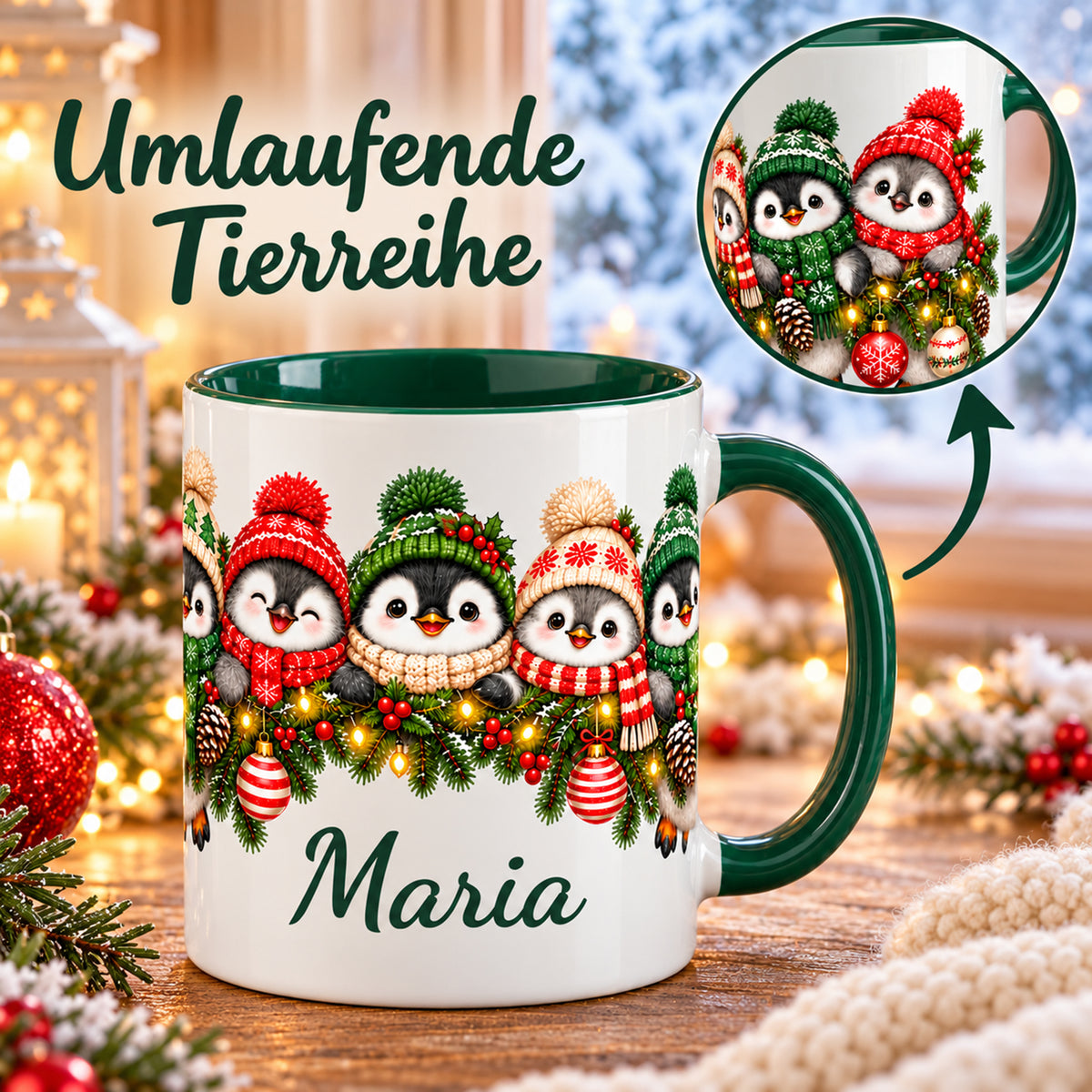 Pinguin-Tasse mit umlaufender Tierreihe und vergrößertem Ausschnitt der rechten Motivseite.