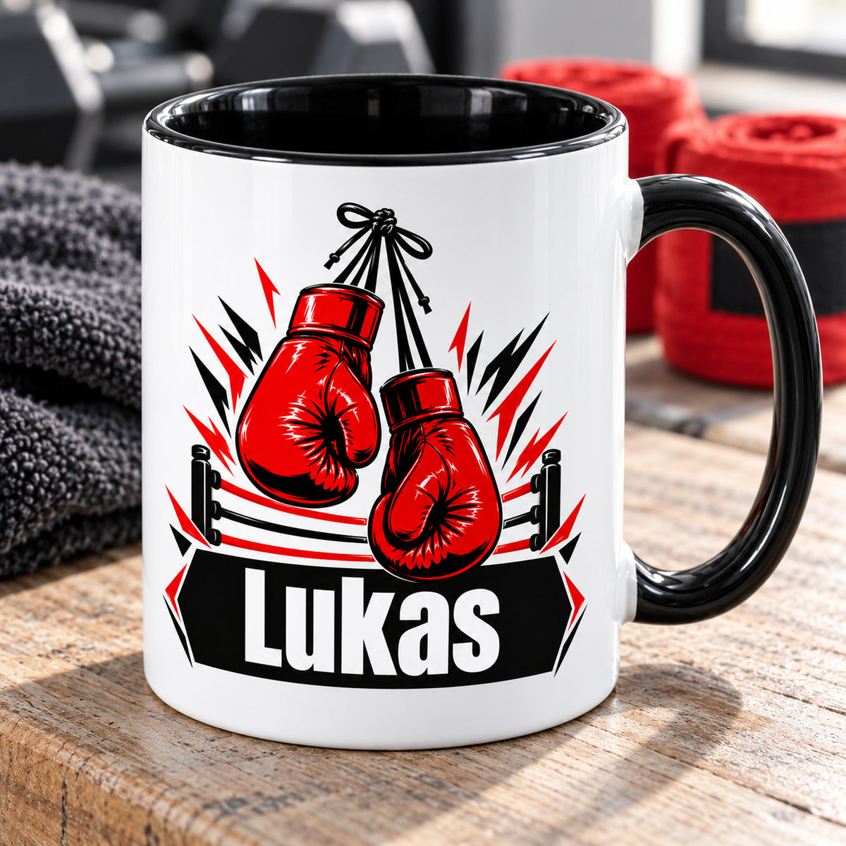 Schrägansicht der personalisierten Boxhandschuh-Tasse mit schwarzem Inneren.