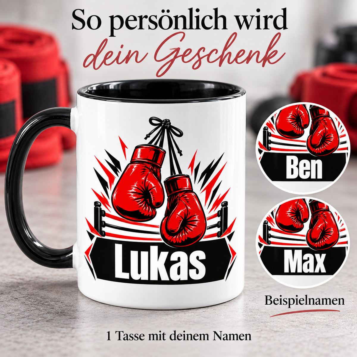 Boxhandschuh-Tasse mit Wunschname und beschrifteten Detailbeispielen mit weiteren Wunschnamen.