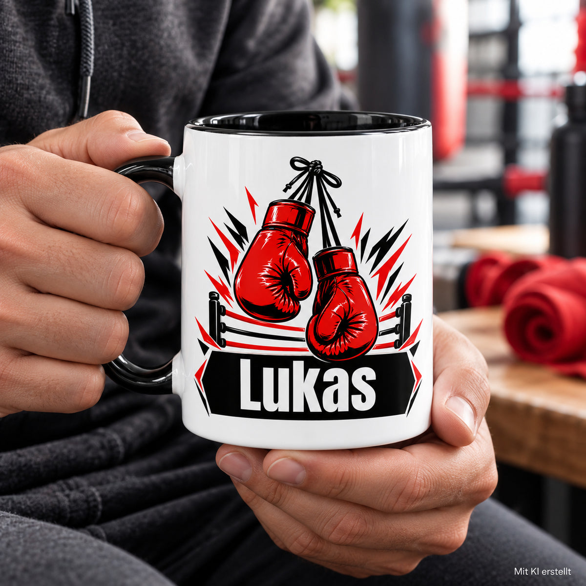 Boxsport-Tasse Wunschname in den Händen eines Sportlers im Trainingsbereich.