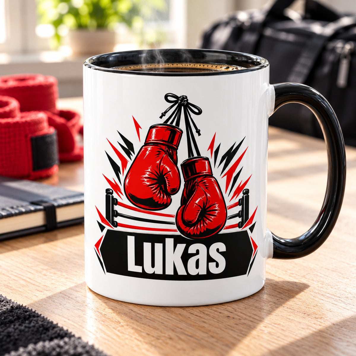Personalisierte Boxhandschuh-Tasse mit Kaffee neben Trainingsnotizbuch und roten Bandagen.