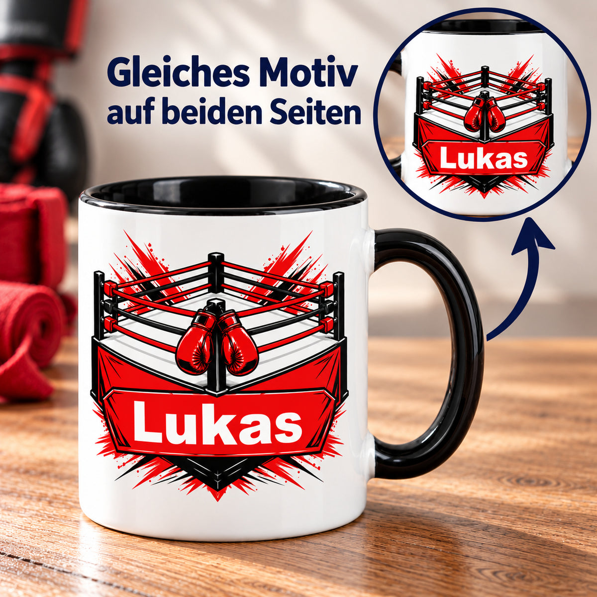 Eine Boxring-Tasse mit Wunschname und vergrößertem Detail der Rückseite; gleiches Motiv auf beiden Seiten.