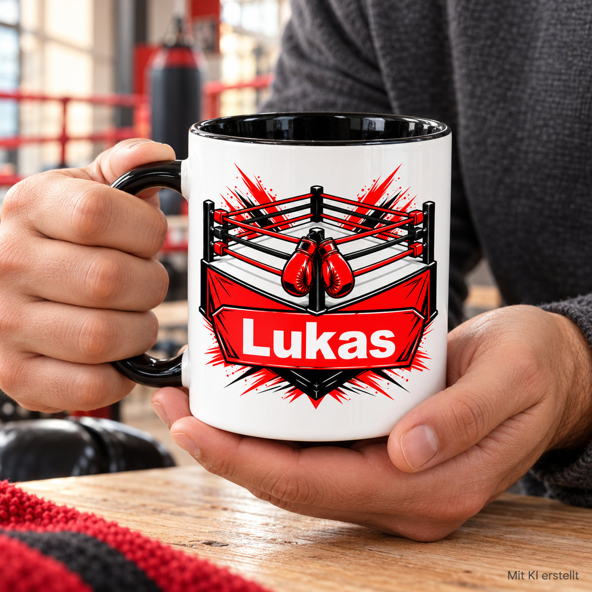 Erwachsene Person hält die Boxring-Tasse mit Wunschname; Bild mit Hinweis Mit KI erstellt.