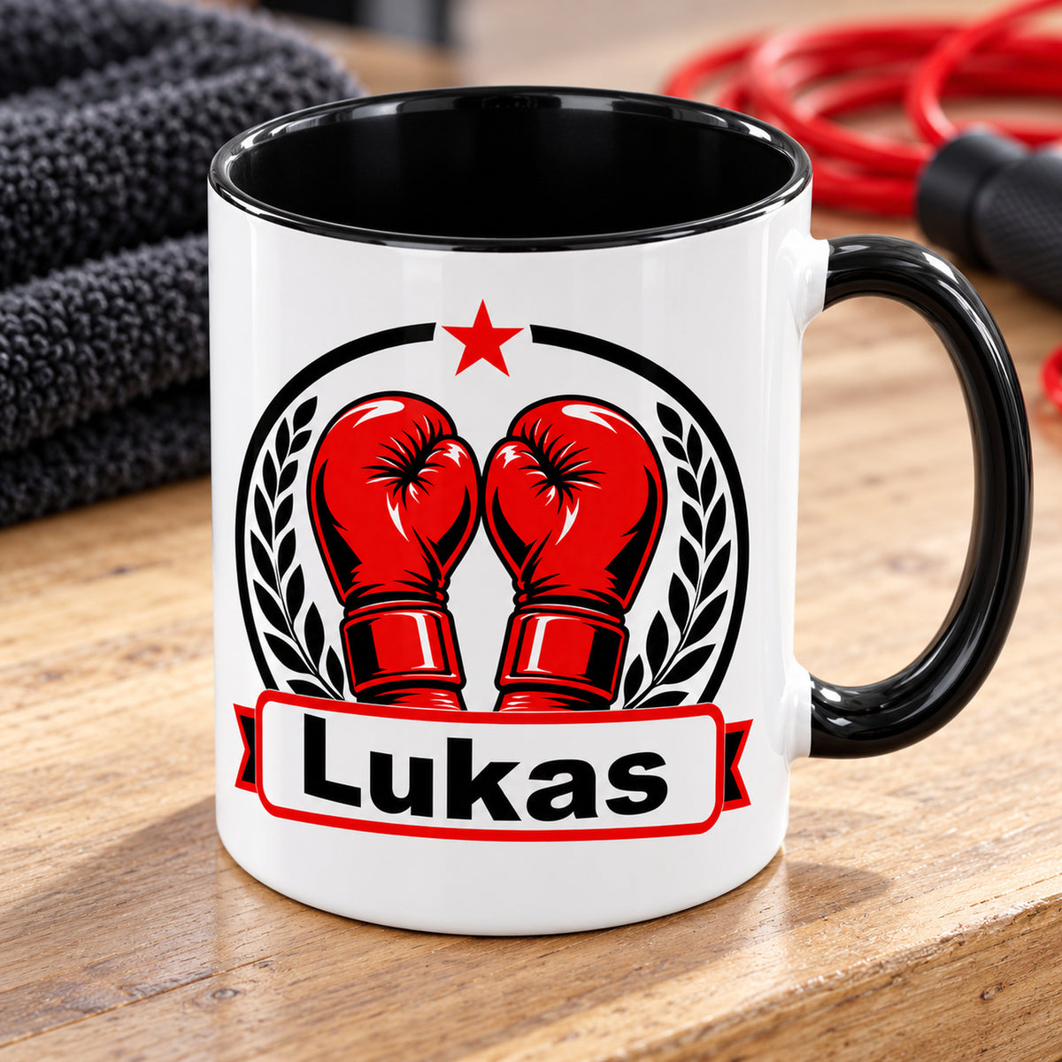 Boxemblem-Tasse mit Wunschname in erhöhter Perspektive, schwarzer Innenbereich und Henkel sichtbar.