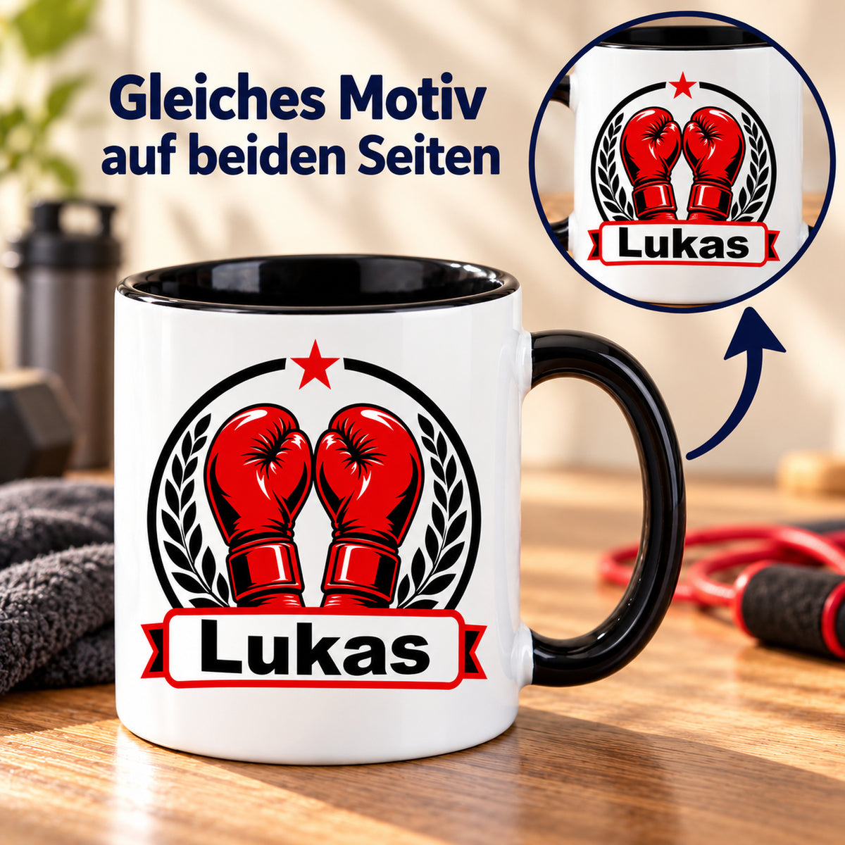 Boxemblem-Tasse mit Wunschname und kreisförmigem Detail der Rückseite; gleiches Motiv auf beiden Seiten.
