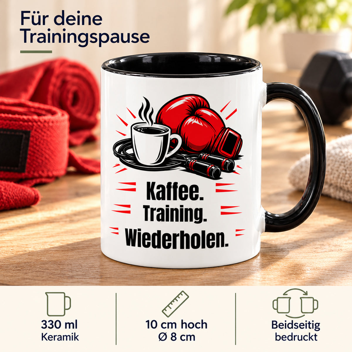 Weiße Boxsport-Tasse mit schwarzem Henkel, Rand und Innerem und Spruch „Kaffee. Training. Wiederholen.“ – Produktdetails zu 330 ml Keramik, 10 cm Höhe, 8 cm Durchmesser und beidseitigem Druck.
