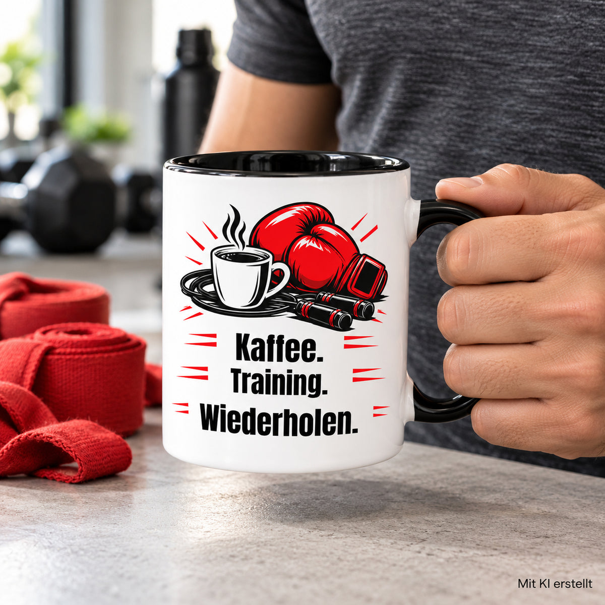 Weiße Boxsport-Tasse mit schwarzem Henkel, Rand und Innerem und Spruch „Kaffee. Training. Wiederholen.“ – Tasse in Händen in einer Trainingspause mit Hinweis Mit KI erstellt.